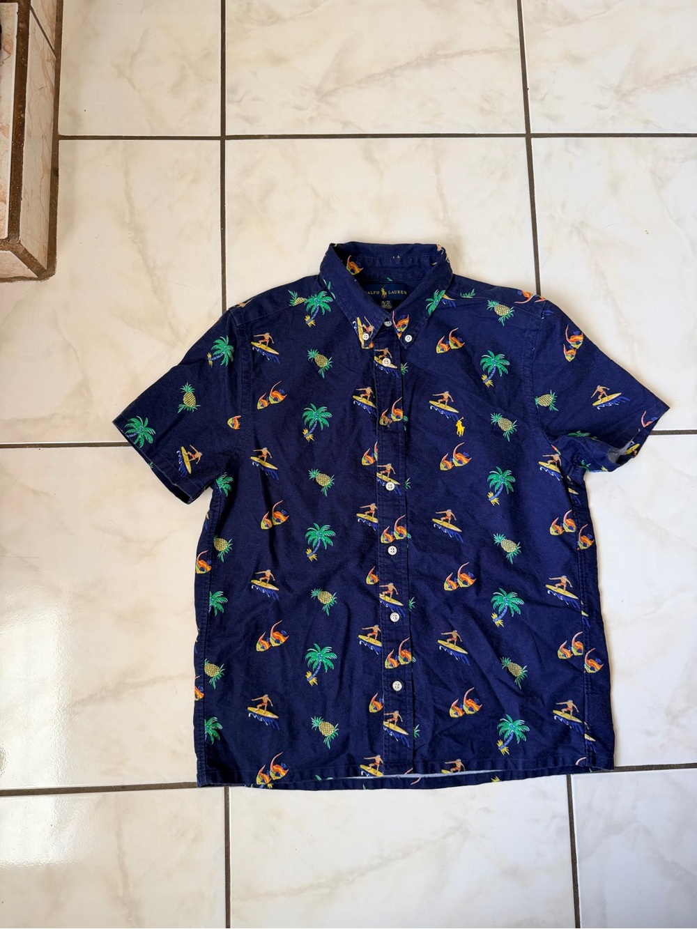 Kids Ralph Lauren Navy Short-Sleeve Surf & Palm Button-Down Shirt